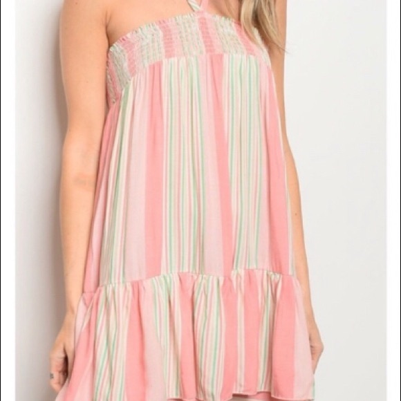Pink & Green Tiered Halter Multi Dress - Picture 6 of 13